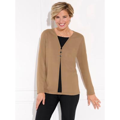 2-in-1-Pullover CLASSIC BASICS "Strickpullover", Damen, Gr. 46, gelb (camel, schwarz), 100% Polyacryl, unifarben, gemustert, mehrfarbig, Langarm, Pullover Image