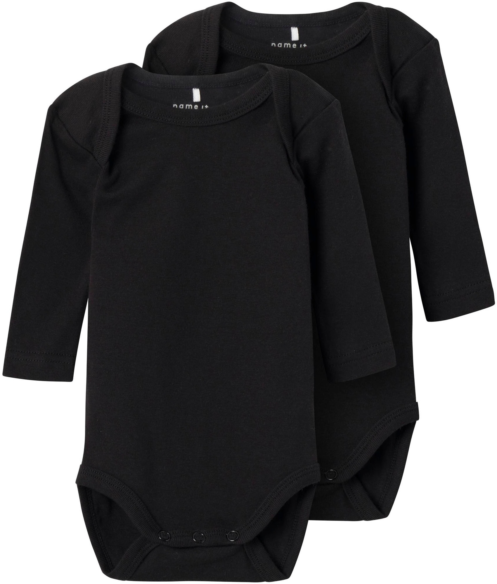Langarmbody NAME IT "NBNBODY 2P LS SOLID BLACK NOOS", Baby, Gr. 56, N-Gr, schwarz, Jersey, Obermaterial: 100% Baumwolle, unifarben, regular fit, Rundhals, Bodys Image
