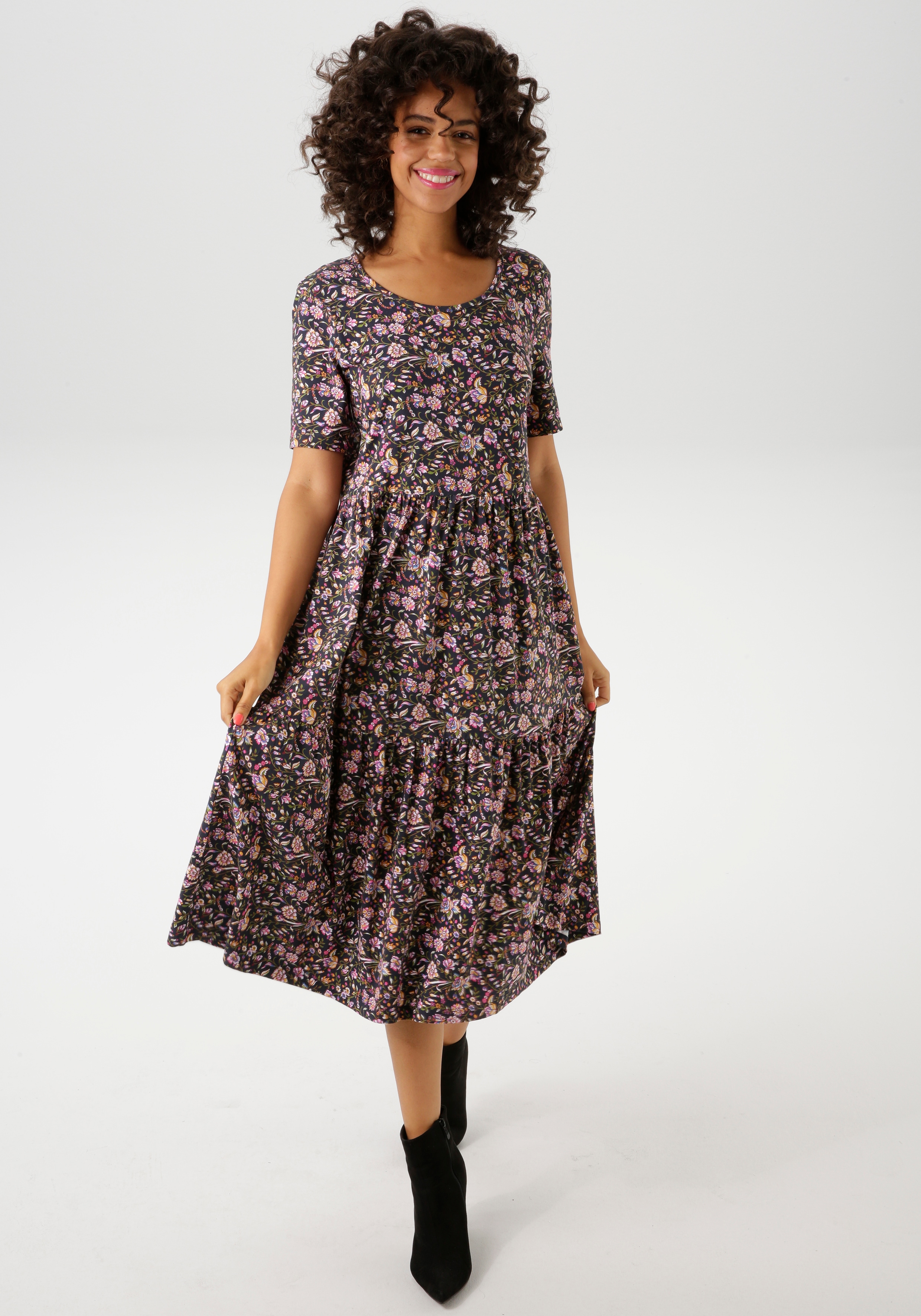 Sommerkleid ANISTON CASUAL, Damen, Gr. 48, N-Gr, rot (marine, maismoosgrün, weiß, rosa, pink, blau, bordeaux, braun), Single Jersey, Obermaterial: 95% Baumwolle, 5% Elasthan, bedruckt, geblümt, figurumspielend wadenlang, Rundhals, Kleider, mit... Image