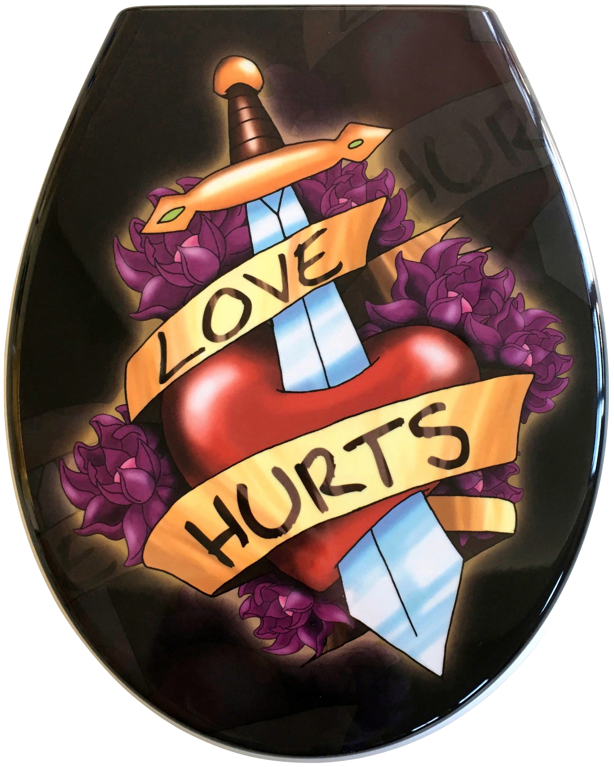 WC-Sitz ADOB "Love Hurts", bunt (schwarz, bunt), B:37cm H:5cm L:44cm, Duroplast, Edelstahl, WC-Sitze, Absenkautomatik, zur Reinigung abnehmbar
