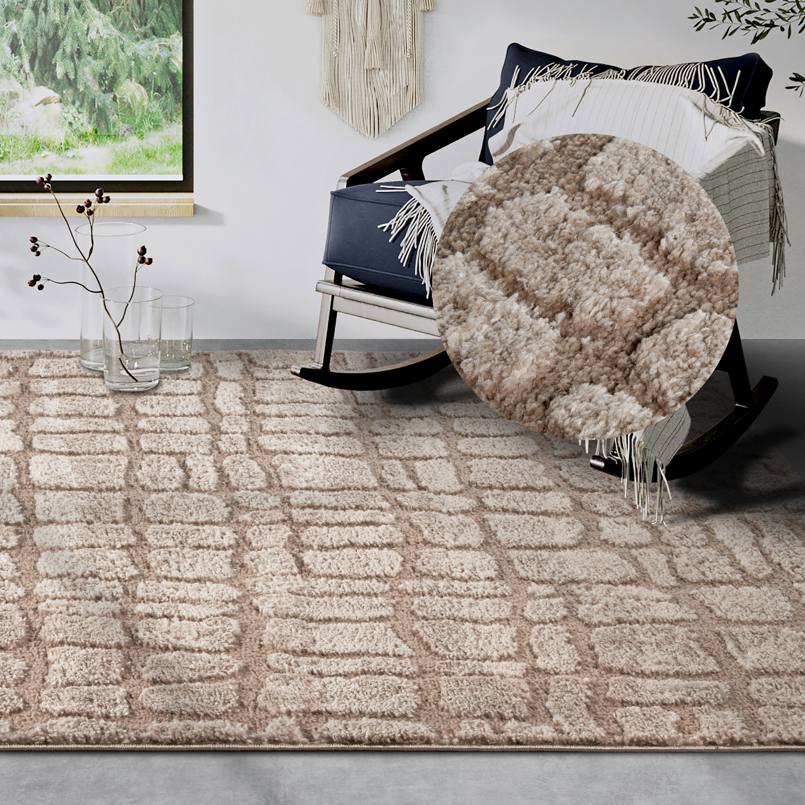 Designteppich ELLE DECORATION "Artistique", beige, B:80cm H:18mm L:120cm, Polyester, Teppiche, Hochflor, Shaggy, Läufer, weich, Langflor, modern, Hoch Tief Effekt Image