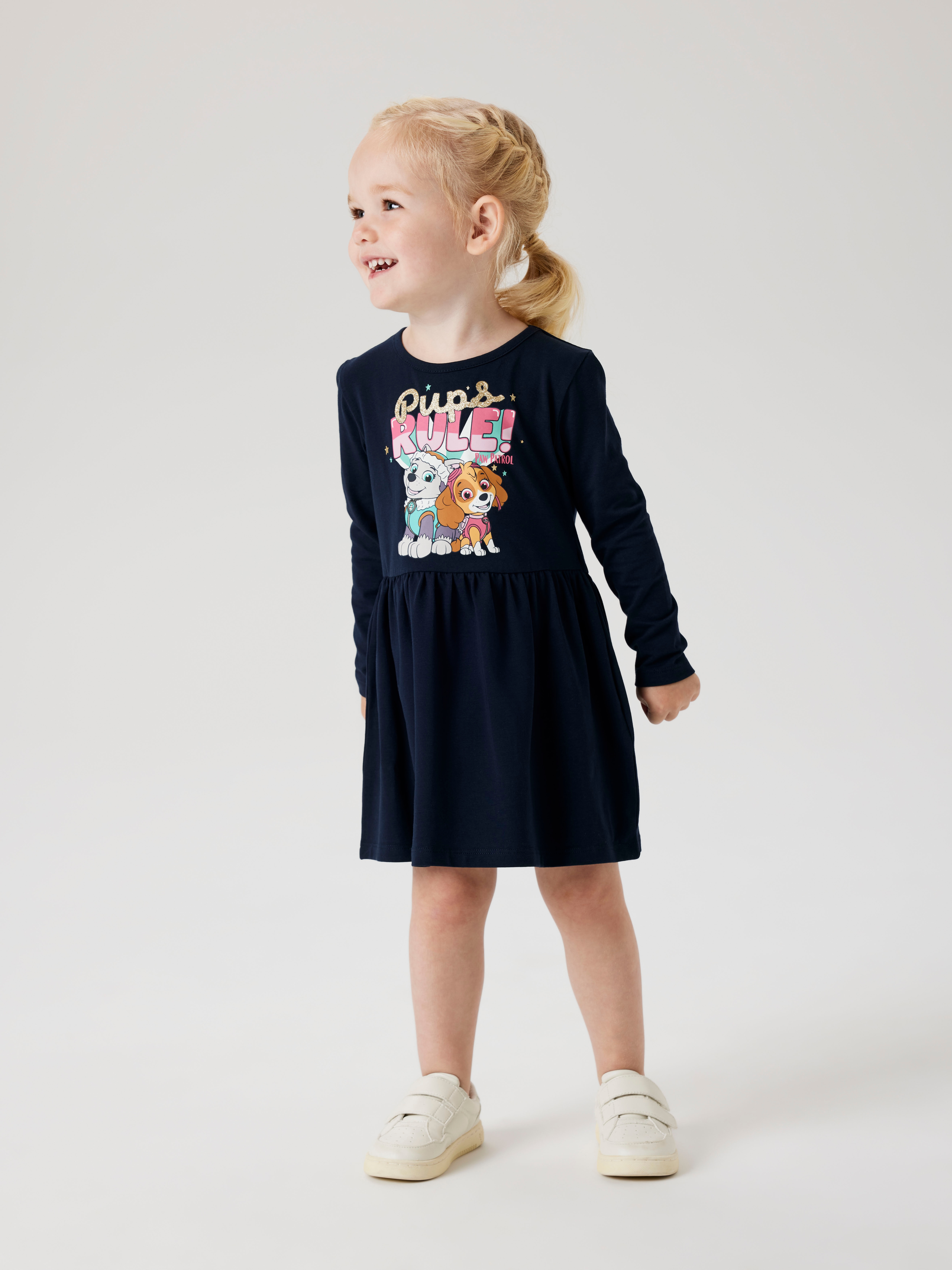 Midikleid NAME IT "NMFDYMA PAWPATROL LS DRESS NOOS CPLG", Mädchen, Gr. 110, N-Gr, blau (schwarz sapphire), Jersey, Obermaterial: 95% Baumwolle, 5% Elasthan, bedruckt, Casual, regular fit knielang, Rundhals, Kleider Image