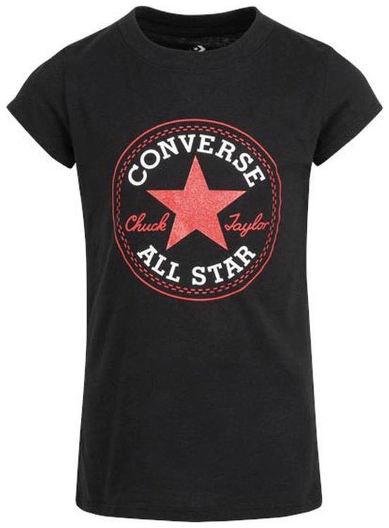 T-Shirt CONVERSE "CNVG TIMELS CHUCK PATCH TEE", Kinder, Gr. 140/146 (L), schwarz-weiß (schwarz(weiß)), Stoff, Obermaterial: 100% Baumwolle, bedruckt, normal, Rundhals, eingesetzt abgesteppt, Shirts, für Kinder Image