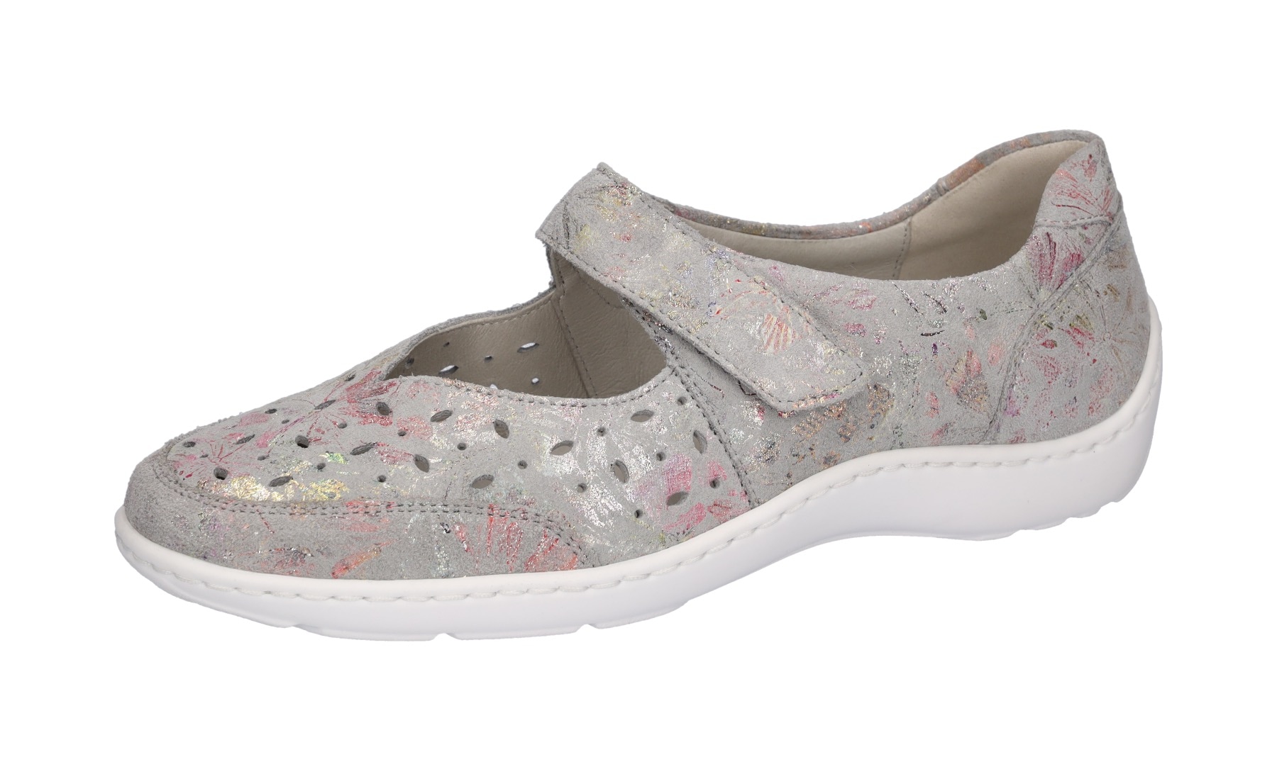 Riemchenballerina WALDLÄUFER "HENNI", Damen, Gr. 6,5, grau (hellgrau), Veloursleder, metallic, Schuhe, Keilabsatz, Halbschuh, Komfortschuh mit Perforation, Weite H