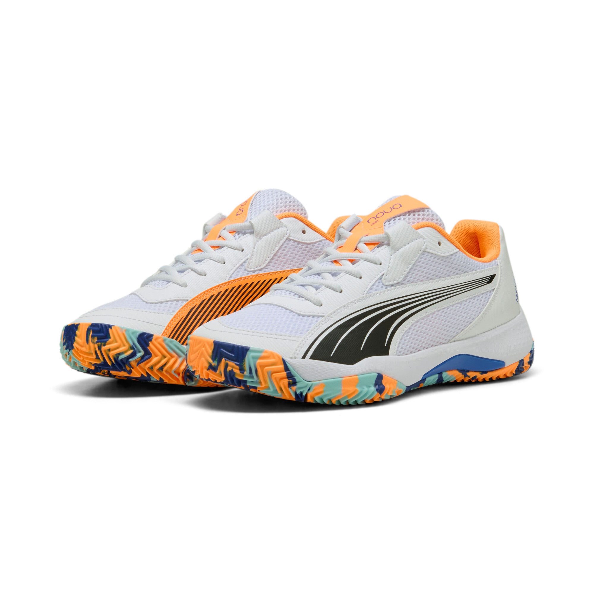 Tennisschuh PUMA "NOVA COURT", Gr. 43, puma weiß, puma schwarz, vivid blau, heat fire, Textil, mehrfarbig, Schuhe