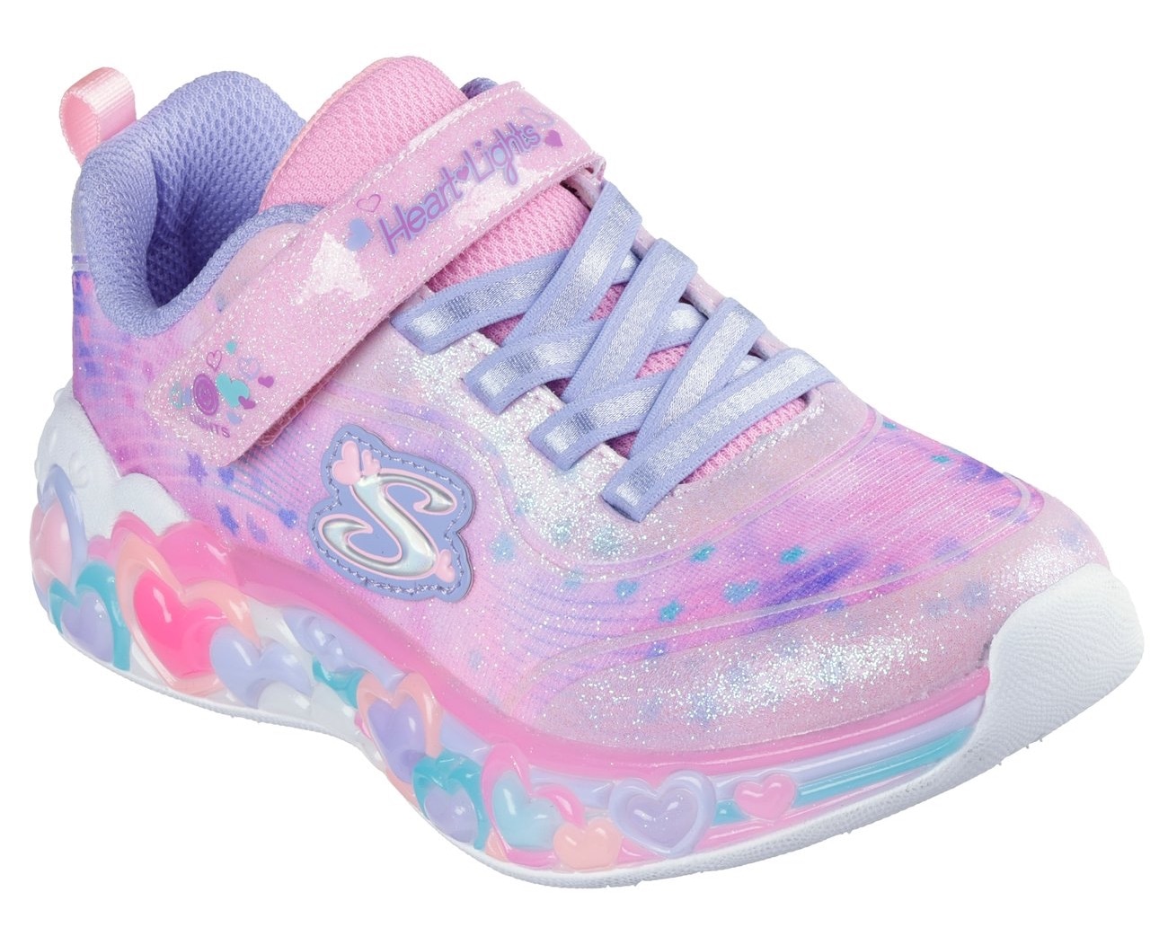 Sneaker SKECHERS "ETERNAL HEART LIGHTS", Mädchen, Gr. 29, bunt (hellrosa, multi), Synthetik, Textil, Glitzer, kontrastfarbene Details, Schuhe Sneaker, Blink,-Klettschuh mit Herz-Applikation, Größenschablone zum Download