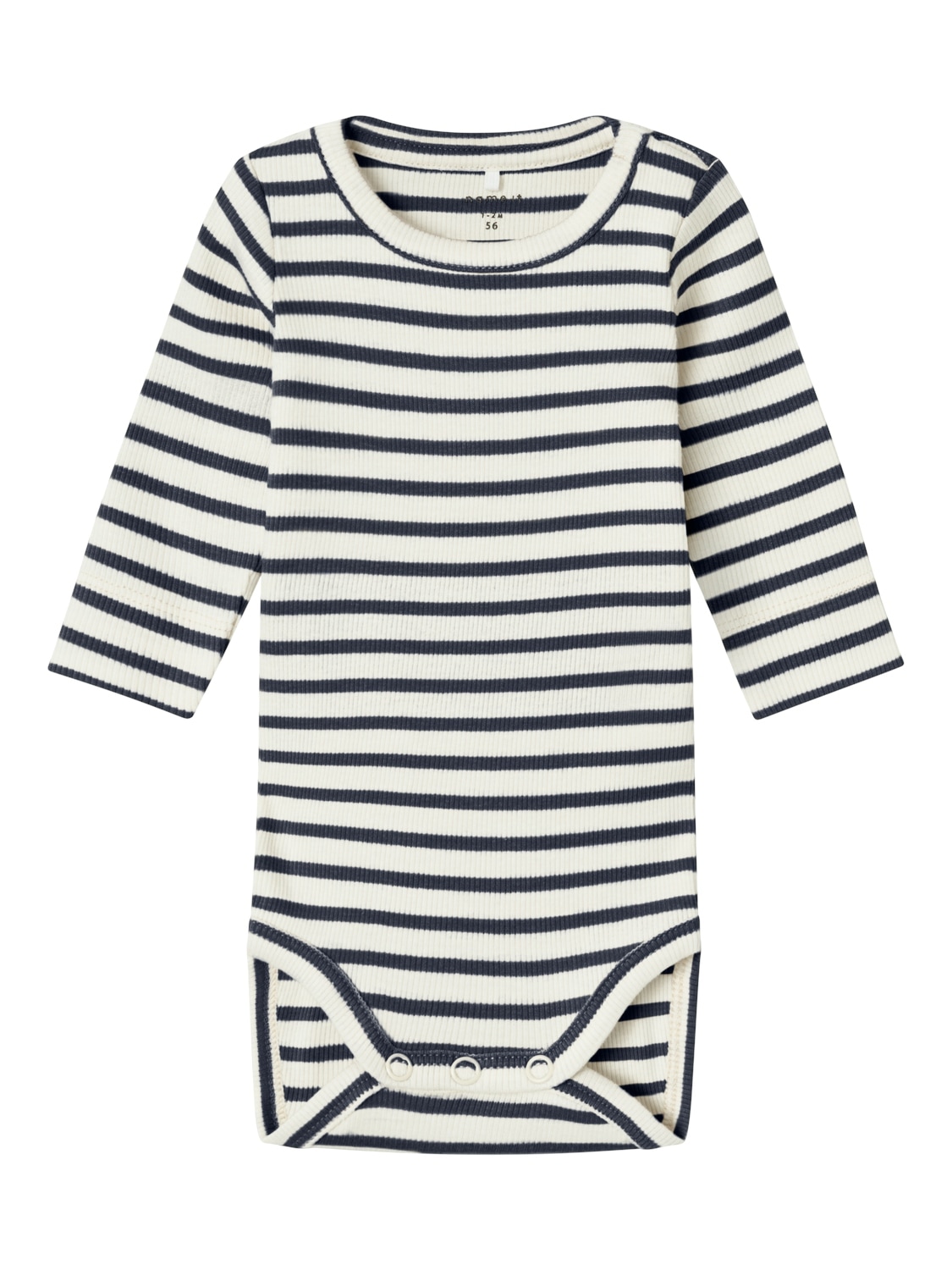 Langarmbody NAME IT "NBNBANI LS BODY NOOS", Baby, Gr. 56, N-Gr, blau (schwarz sapphire), Sweatware, Obermaterial: 57% Baumwolle, 38% Modal, 5% Elasthan, gestreift, Casual, regular fit, Rundhals, Bodys Image