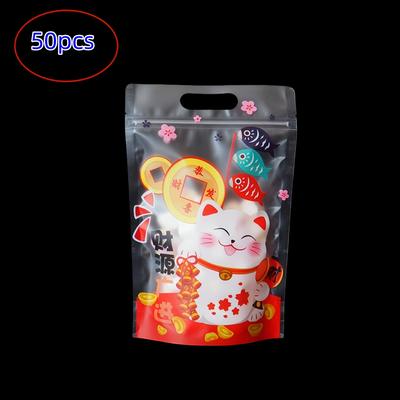 TEMU 50pcs Cat Zipper Bags - Adorable Cartoon Design With Golden & Fish, Plastic Gift & Candy Pouches For New Year's, , Birthdays & Eid Al-fitr Celebrations