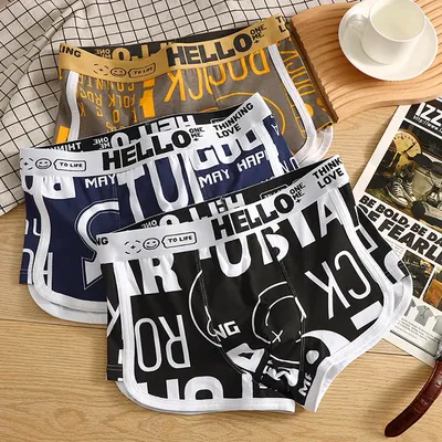 3 Teile/paket 100% Baumwolle Atmungsaktive Big U Crotch Herren Unterwäsche Trendy Print Unterhose Hohe Elastische Taille Schlüpfer der Männer Boxer Image