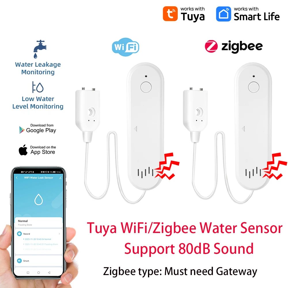 Tuya Wifi/ZigBee Wassers ensor Smart Life Wasser lecks ensor Überschwemmung detektor mit 80db Sound App Benachricht igung Alarm Image