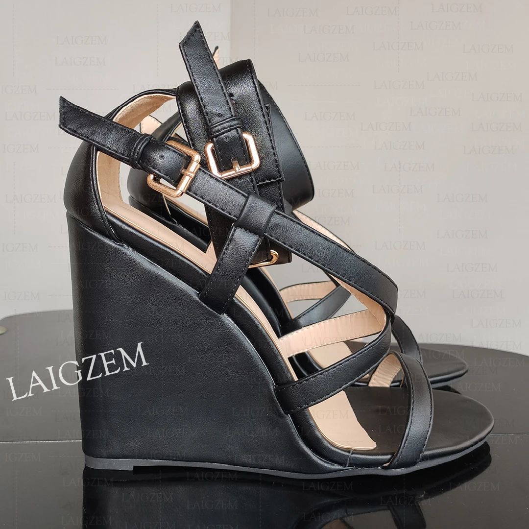 LAIGZEM Damen-Sandalen mit Keilabsatz, offene Zehenriemen, High Heels, Sandalen, Pumps, handgefertigt, Damen-Schuhe, Damenschuhe, große Größe 39, 41, 44, 48