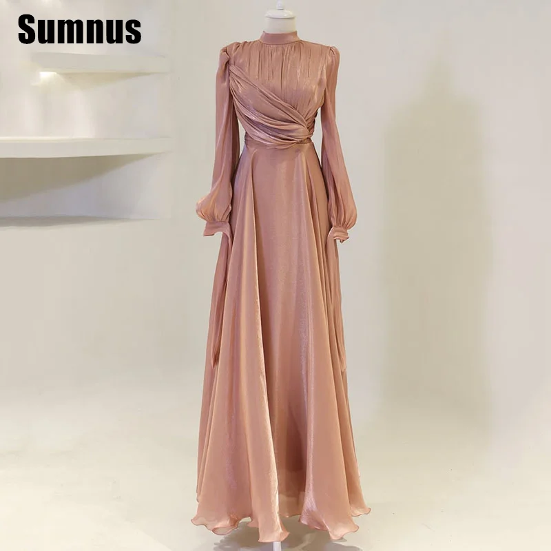 Sumnus Elegante A-Linie-Partykleider in Rosa, sexy, lange Ärmel, Falten, bodenlang, herzförmige formelle Kleider