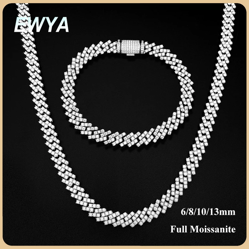 EWYA One Row 6/8/10/13 mm echtes voller Moissanit kubanisches Halskettenarmband für Männer Frauen Unisex 925 Silber Hip Hop Tennis Halsketten Image