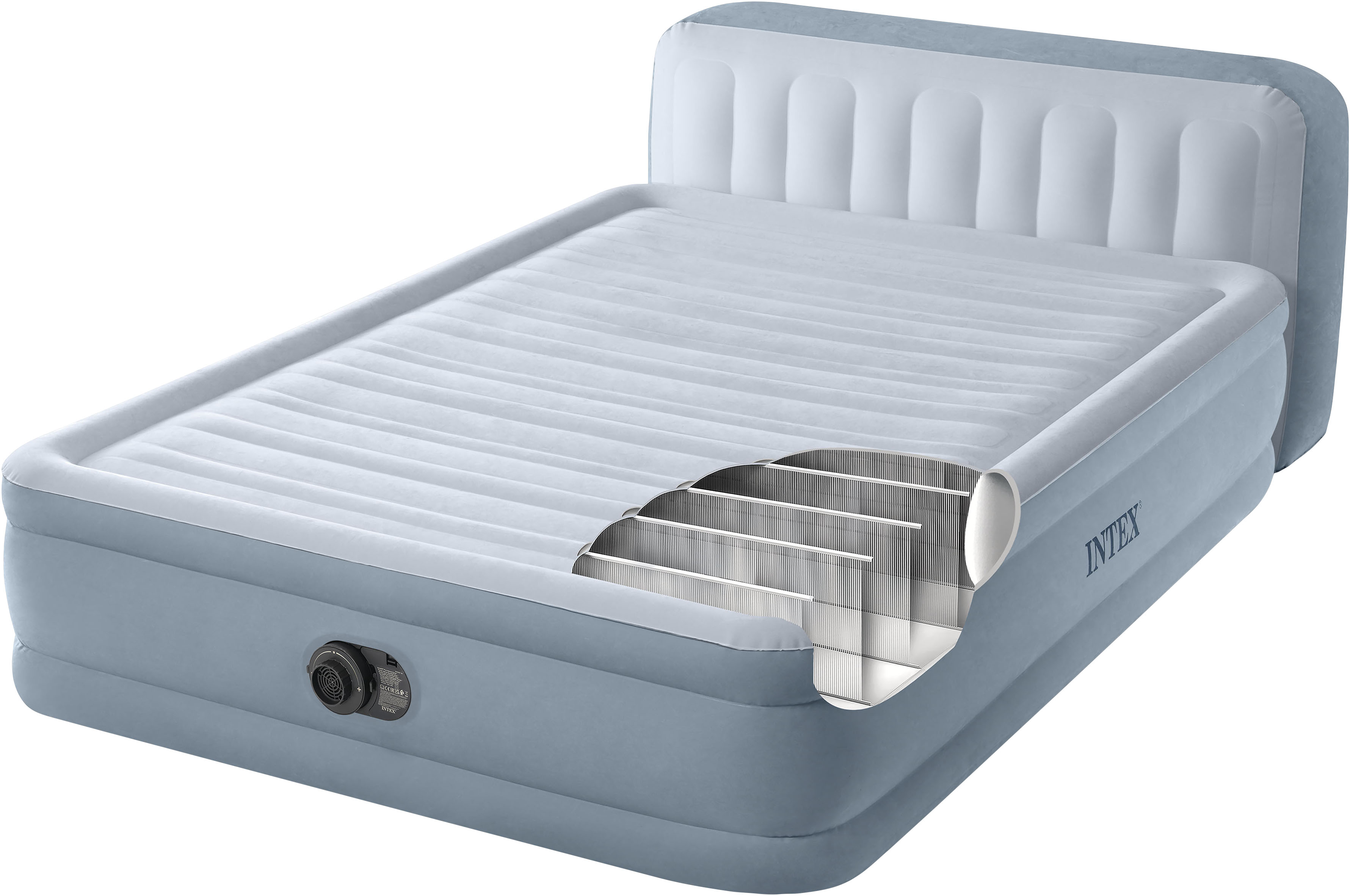 Luftbett INTEX "DuraBeam Plush Headboard" Queen", grau (grau, blau), Luftbetten, Damen, B/H/L: 152cm x 86cm x 236cm, Polyester, Vinyl, mit integriertem Kopfteil, B:152cm H:86cm L:236cm