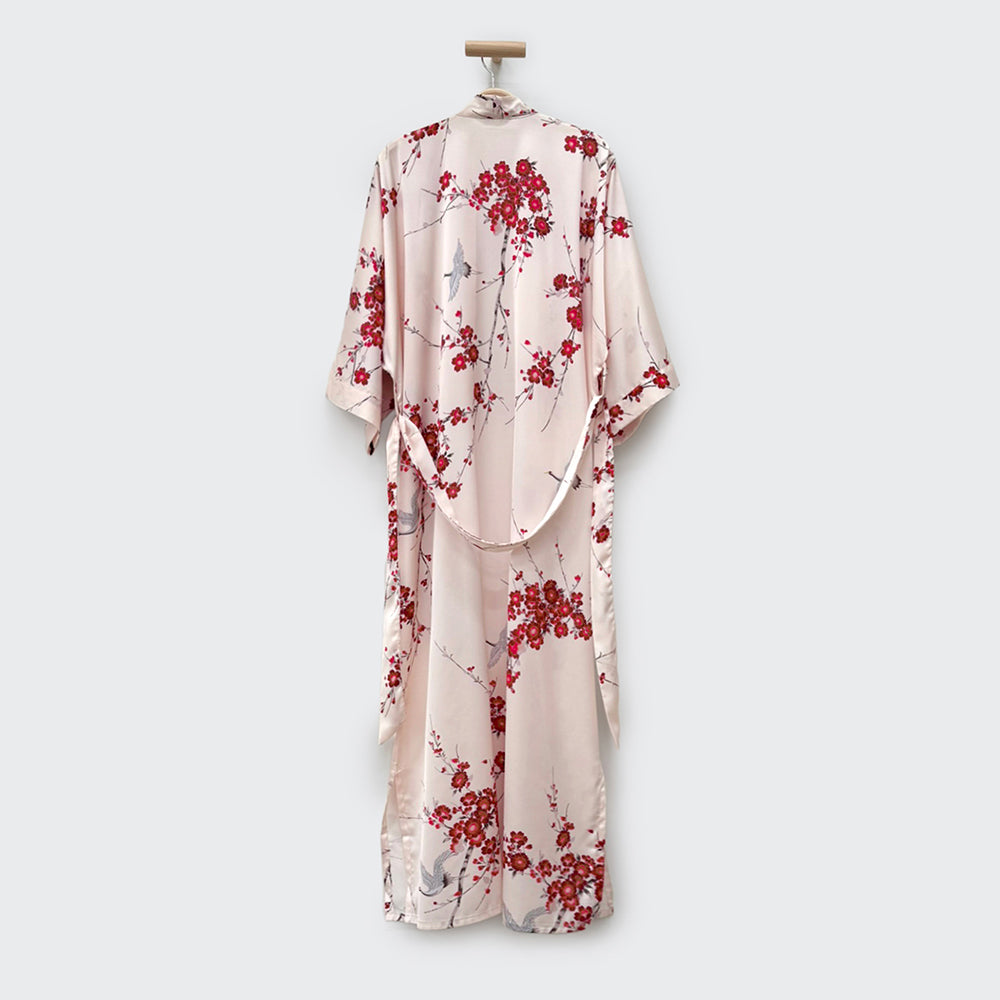 KIM+ONO Kimono Robe | Cherry Blossom & Crane Long Kimono Robe | Polyester Charmeuse | Rose Quartz | Long
