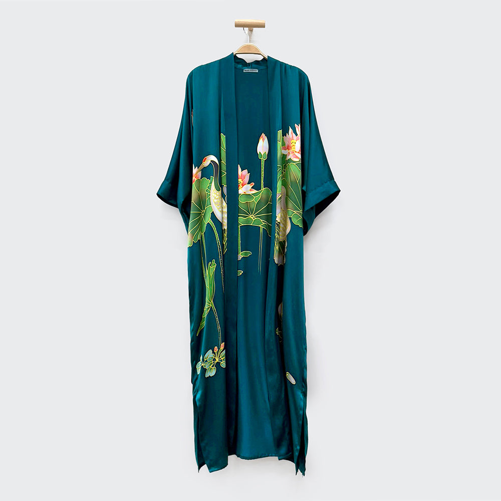 KIM+ONO Kimono Robe | Silk Handpainted Crane Long Kimono Robe | Silk | Teal | Long