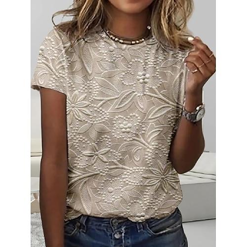 Damen T-Shirt 3D Druck Floral Lässig Kurzarm Rundhalsausschnitt Reguläre Oberteile Täglich Druck Beige Sommer