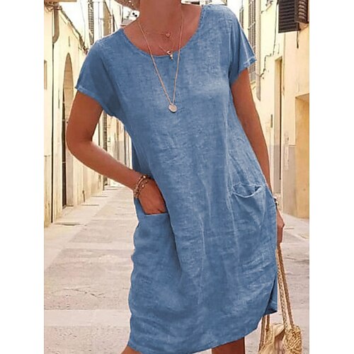 Damen Minikleid Shiftkleid Baumwoll-Leinen-Kleider Leinenkleid Freizeitkleid Basic Lässig Täglich Urlaub Normale Passform Einfach Kurzarm Rundhalsausschnitt Blau Schwarz Khaki Grau Sommer Image