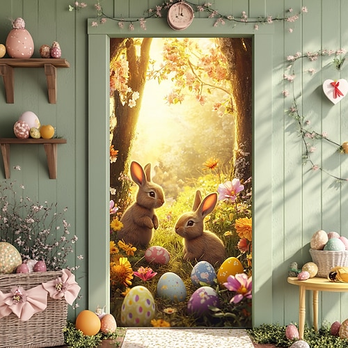 Türdekorationen Türabdeckungen Hase Eier Türteppich Türvorhang Dekoration Hintergrund Innen/Außen Türbanner für die Haustür Bauernhaus Image