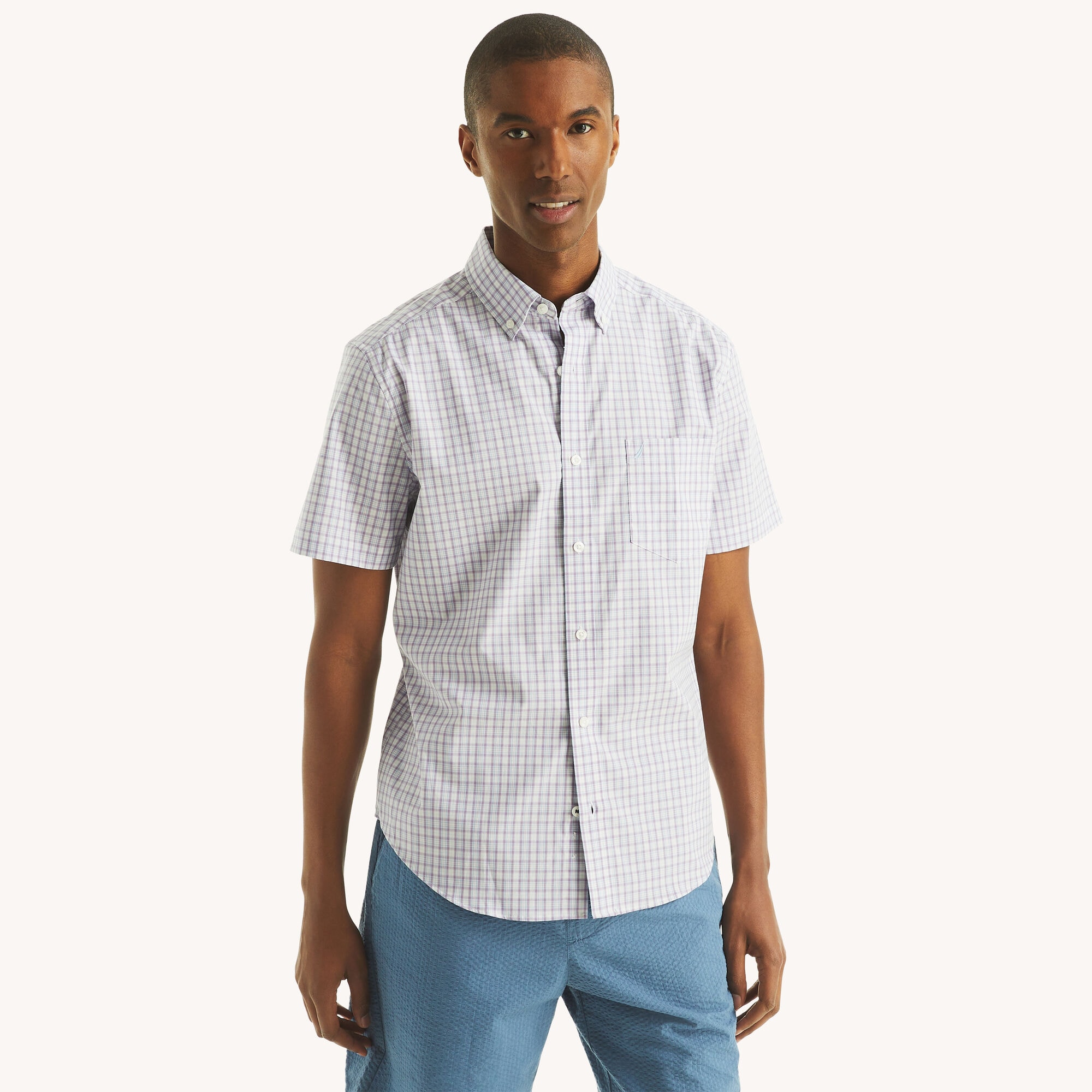 Nautica Men's Classic Fit Wrinkle-Resistant Plaid Short-Sleeve Shirt 101 (Bright White), 3XL