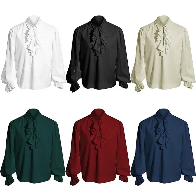 2025, neue viktorianische Vampir-Renaissance-Hemden für Männer und Frauen, weißes Steampunk-Rüschen-Mittelalter-Halloween-Kostüm, große Größe Image