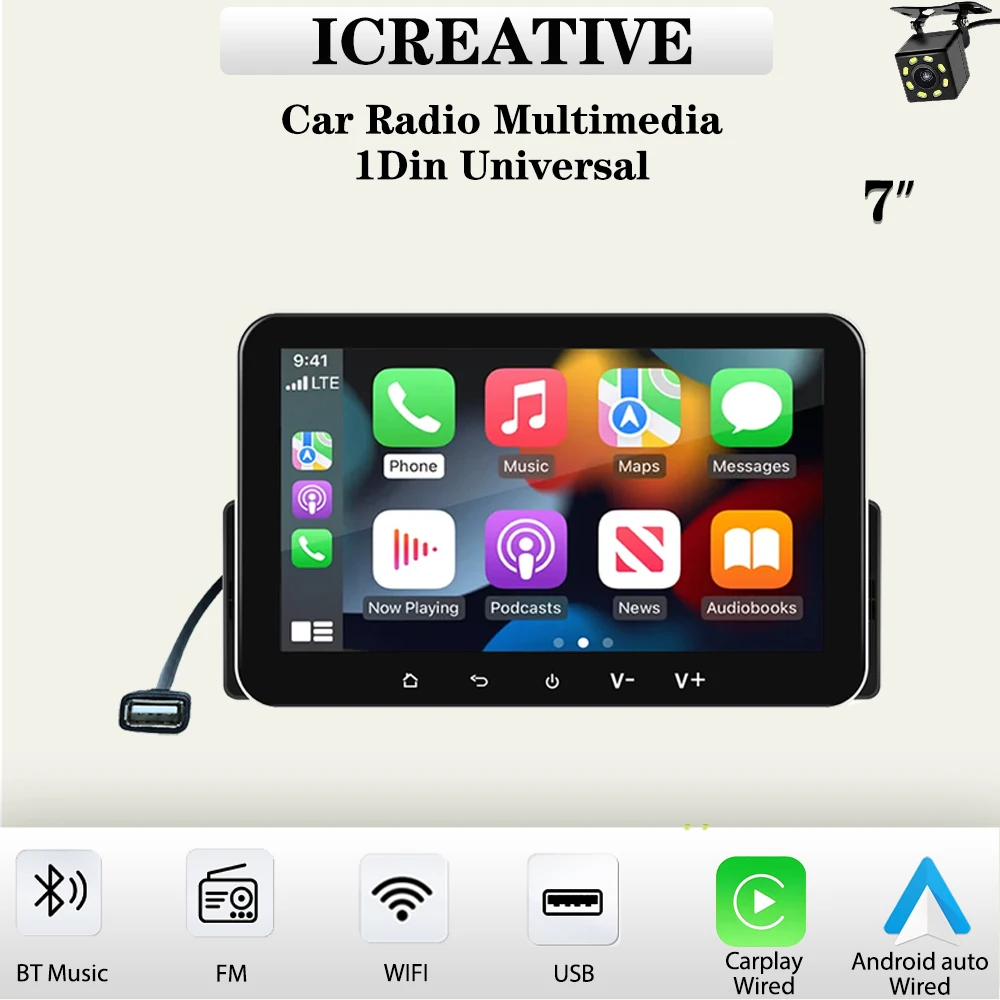 Universal 1Din Auto Radio 7'' Touchscreen Multimedia Player Wired Carplay & Android Auto Wifi Spiegel Link Navigation FM stereo Image