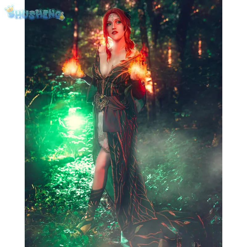Spiel Witcher 3:Wild Hunt Triss Merigold Cosplay Kostüm Party Halloween Frauen Sexy Kleid Handschuh Mantel Taille Gürtel Komplettset Image