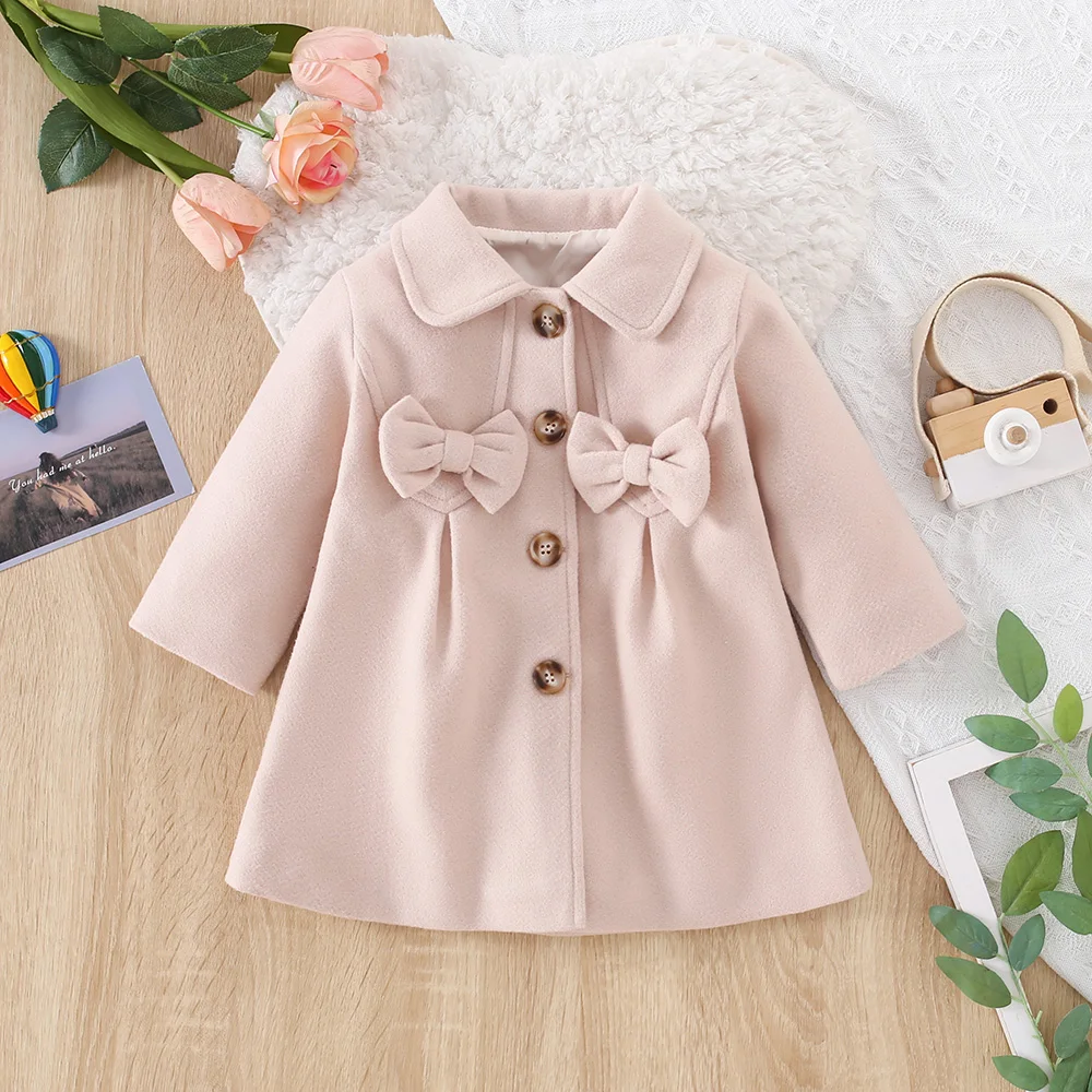 (6 Monate – 3 Jahre alt) Neuer koreanischer Baby-Mantel für Herbst und Winter, beige Schleife, langärmelige Kinderkleidung Image