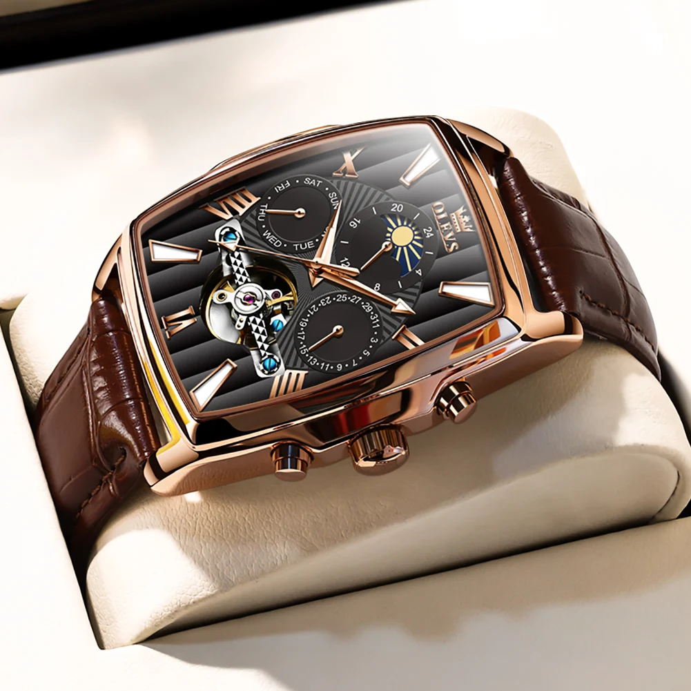 Neue olevs Herren uhren automatische mechanische Uhr Tourbillon Sport uhr Leder lässig Business Retro Armbanduhr relojes hombre Image