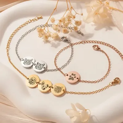 Benutzerdefinierte Haustier Hund Porträt Runde Armband Edelstahl Gravieren Katze Porträt Katze Image