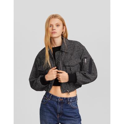 Bershka Felt Texture Trucker Jacket Women Xs Dark Grey