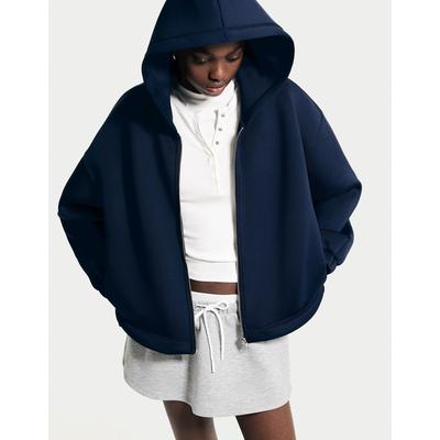 Bershka Oversize Zip-Up Neoprene Effect Hoodie Women S-M Navy