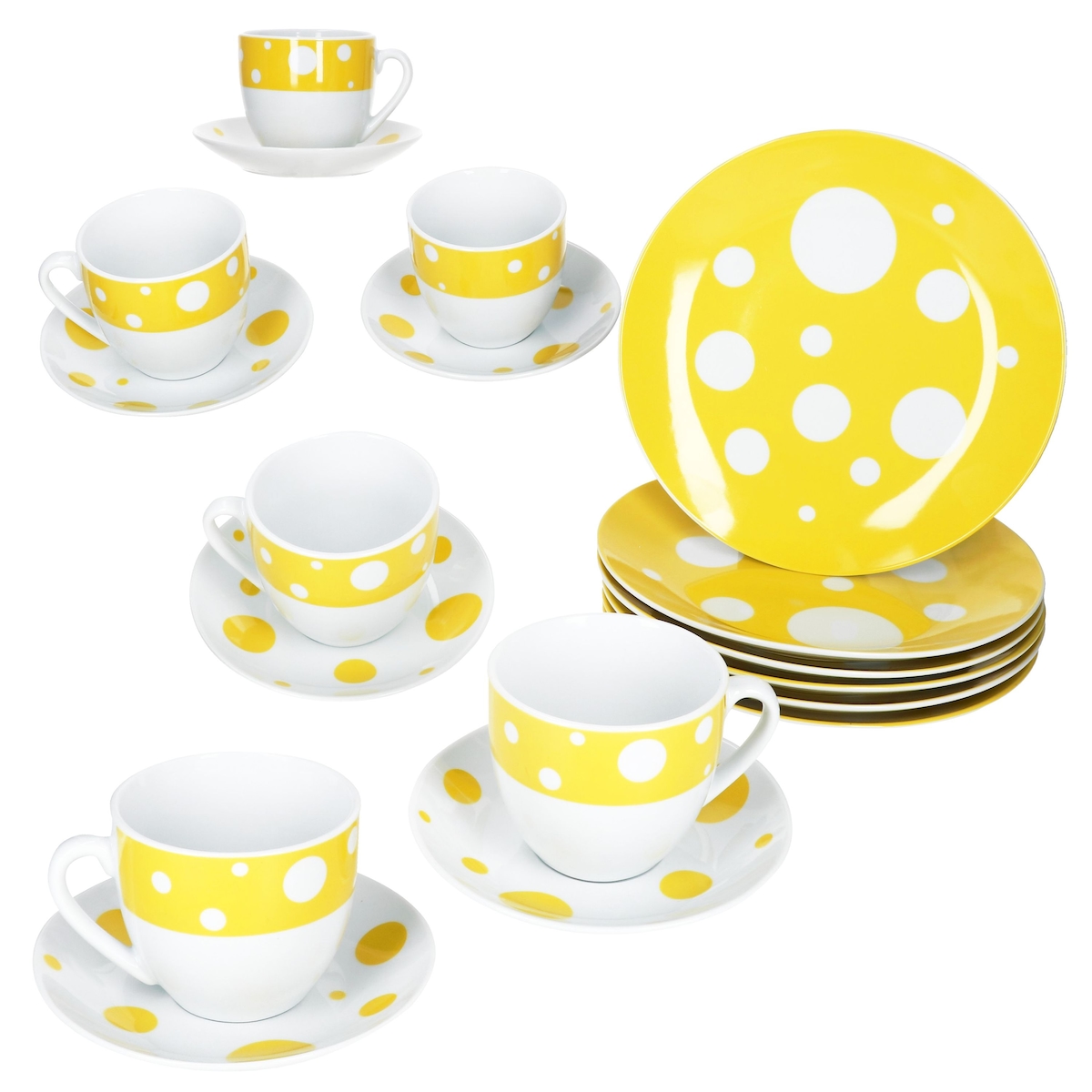 18tlg Kaffeeservice Pula gelb Porzellan 6 Pers. Tassen Untertassen Teller Punkte Image
