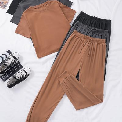 TEMU 6 Pcs Solid & Pants Outfits, Casual Short Sleeve Crew Neck T-shirt & Waist Jogger Pants Outfits, Women's Clothing Image