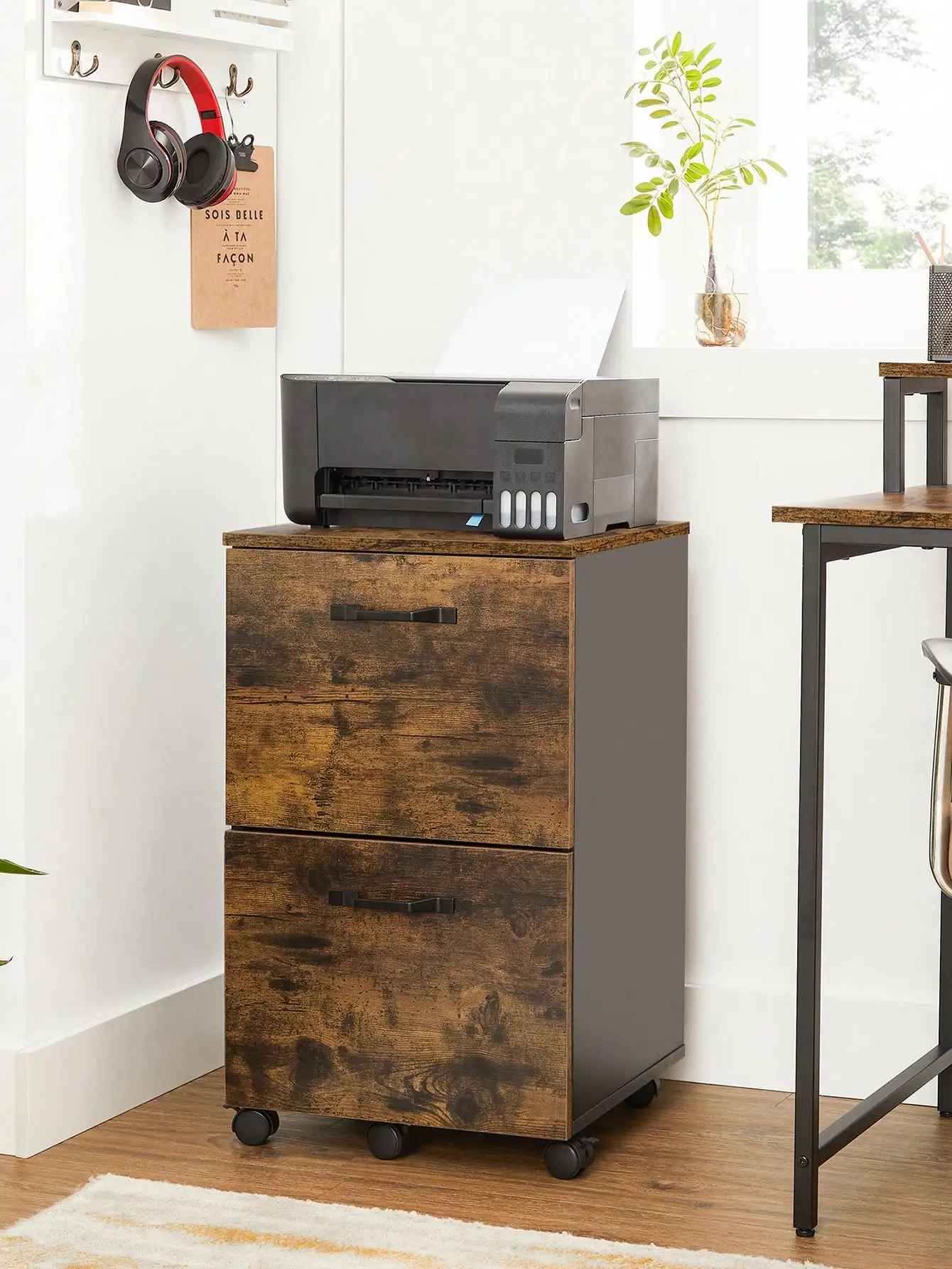 VASAGLE Rollcontainer, Aktenschrank mit 2 Schubladen, Büroschrank