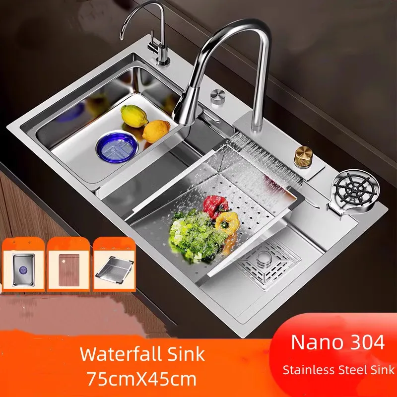 Lavello in acciaio inossidabile Nano 304 Cascata Lavello da cucina a fessura singola grande Lavello per verdure Lavello in acciaio inossidabile Lavello per uso domestico