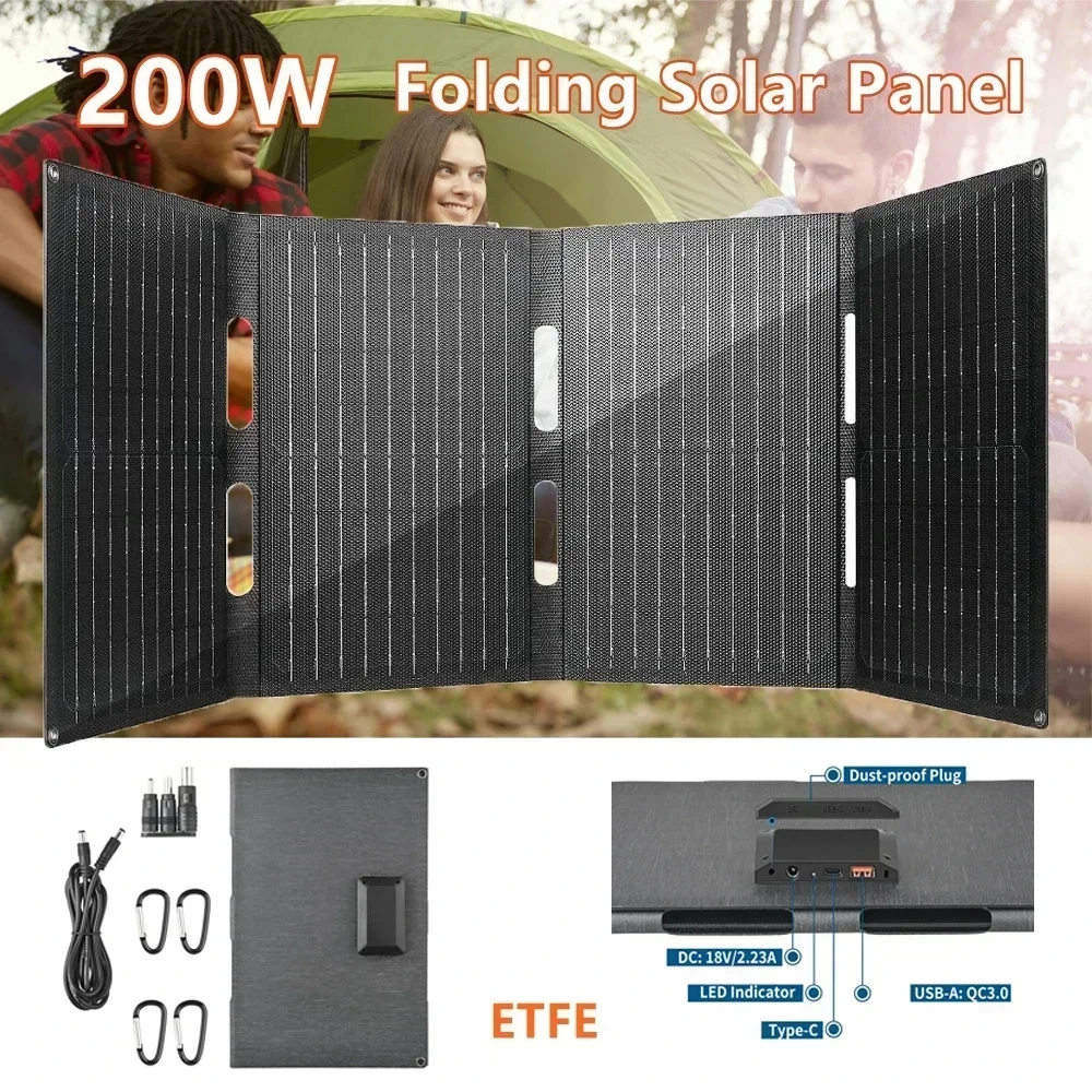 Pannello solare pieghevole da 200 W 18 V/12 V/5 V Caricatore solare portatile ETFE Tipo-C/USB/DC Uscita per centrale elettrica da campeggio all'aperto