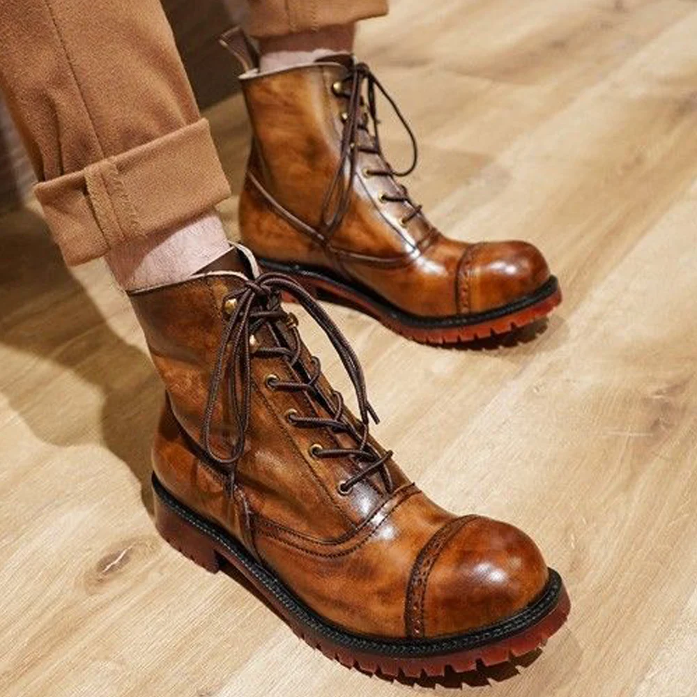 Mode Kuh Echtes Leder Motorrad Stiefel Brogue Schuhe Retro Hohe Große Kopf männer Mid-kalb Chelsea Stiefel Für männer Braun