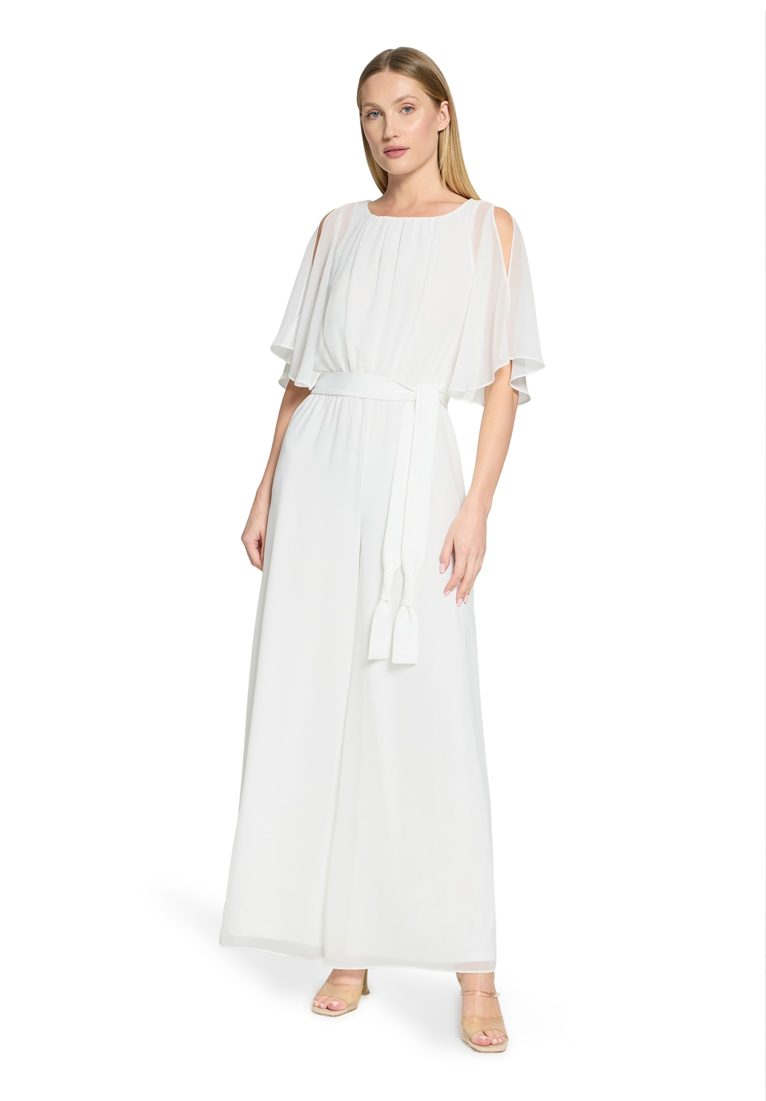 Overall VERA MONT "Damen mit Bindegürtel", Damen, Gr. 46, Normalgrößen, weiß (rohweiß), Chiffon, Obermaterial: 100% Polyester; Futter: 100% Polyester, ausgestellt, Rundhals, Overalls Overall, Design