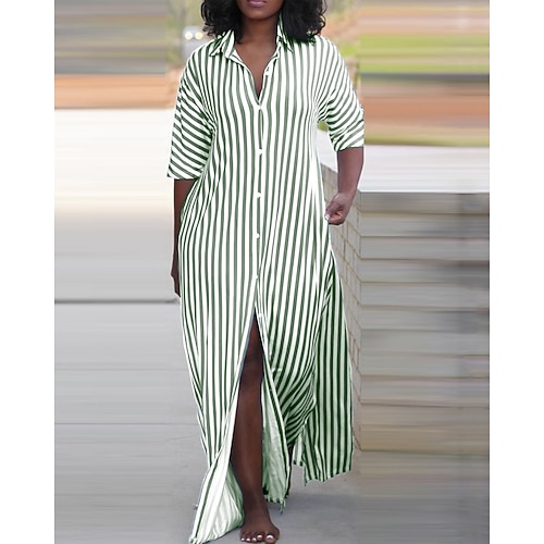 Damen kleid lang blusenkleid Casual kleid Sommerkleid Stilvoll Brautkleider schlicht Urlaub Täglich Verabredung Regular Fit Streifen Halbe Ärmel Kargen Schwarz Rote Blau Grün Sommer Frühling Image