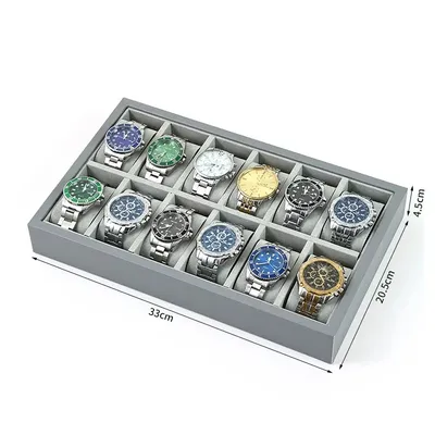 Gray Pu Leather Watch Display Tray With Large Capacity 6/12/24 Grid Watch Display Tray For Men And
