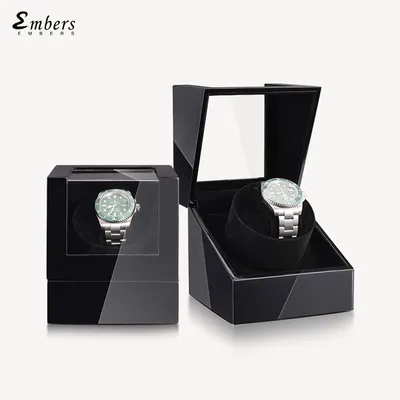 Embers Black Piano Lacquer Watch Winder Battery Automatic Watch Box 2 Watches Storage