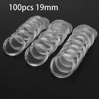 100Pcs 19mm Diameter Transparent Plastic Round Coin Capsules Protector Cases Crescent Opening Design