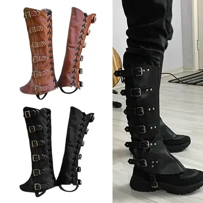 PU Leg Guard Shoe Steampunk Warrior Medieval Gothic Shoe Cover for Masquerade Knights Costume Accessory Cosplay Props Women Men