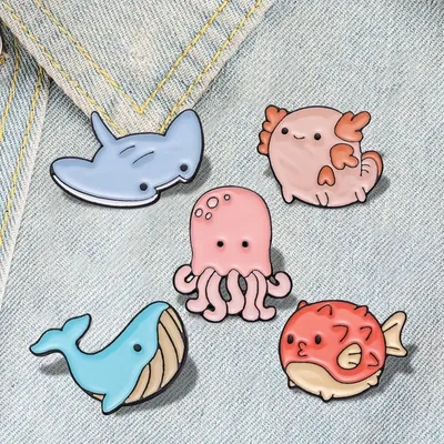 Pufferfish Axolotl Sea Lion Pin Lapel Badges Jewelry Gift for Kids Friends Ocean Animals Enamel