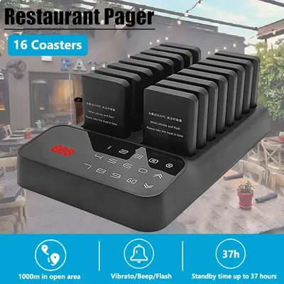 Wireless Restaurant Pagers Calling System 16 Coasters Buzzer Vibrator Bell Receivers For Food Truck