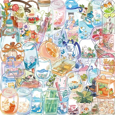 50pcs Cartoon Transparent Item Stickers Cute Transparent Water Cup DIY Gift Sealing Label PET