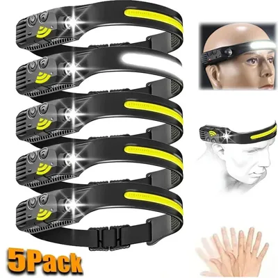 1-10PCS COB Induction Headlamp Built-in Battery Sensor Head Flashlight USB Rechargeable 5 Lighting