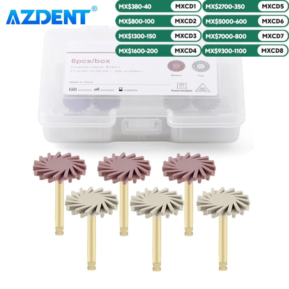 6PCS AZDENT Dental Composite Resin Polishing Disc Wheel Kit Rubber Polisher Brush Burs Silicone with Diamond 2 Step Polishing