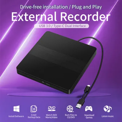 2 in 1 Type C＆USB 3.0 Slim External DVD VCD CD Writer Slim Optical Drive Burner Reader Player Tray